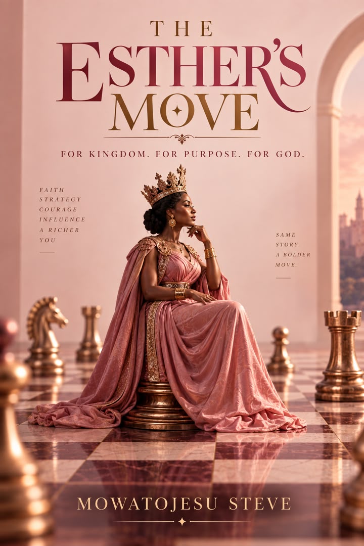 A regal woman in a blush gown and gold crown, seated on a chessboard